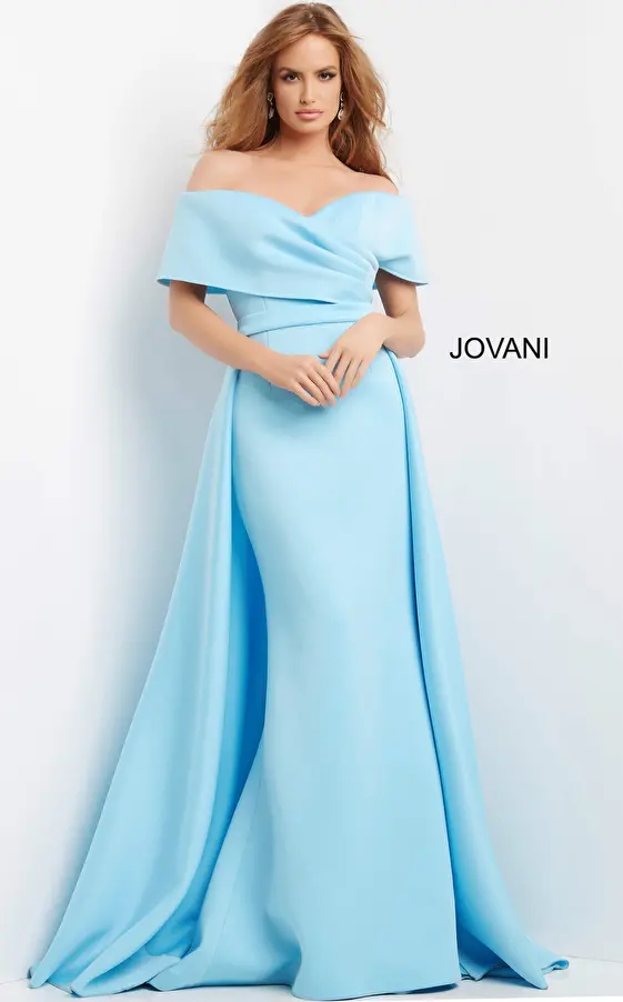 Jovani 07443 Light Blue Off the Shoulder Ruched Bodice Evening Dress